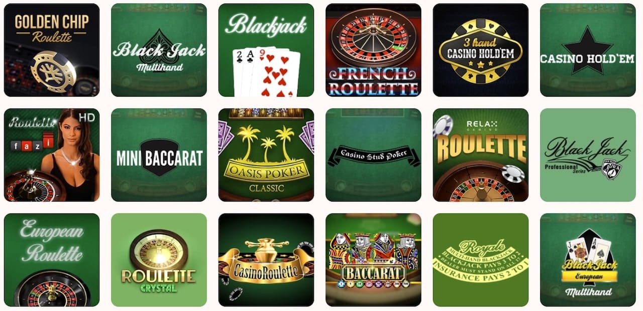 Une sélection variée de jeux de table au Banzai Casino.